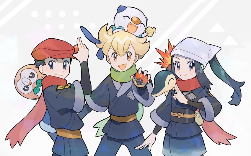 akari, rowlet, oshawott, cyndaquil, rei, and 1 more (pokemon and 2 more) drawn by rata_(m40929)