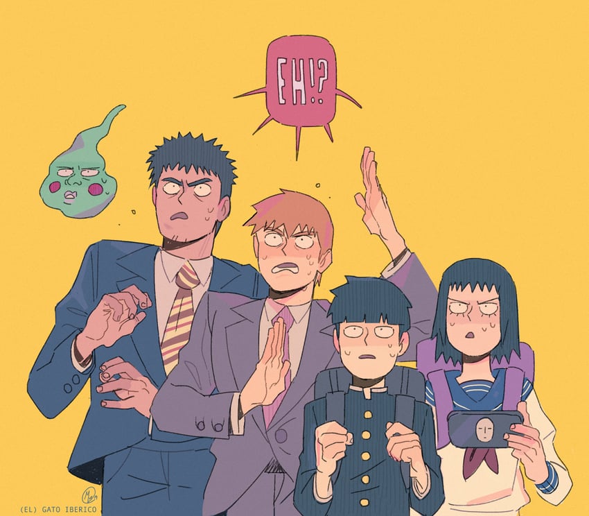 kageyama shigeo, reigen arataka, ekubo, kurata tome, and serizawa katsuya (mob psycho 100) drawn by gatoiberico