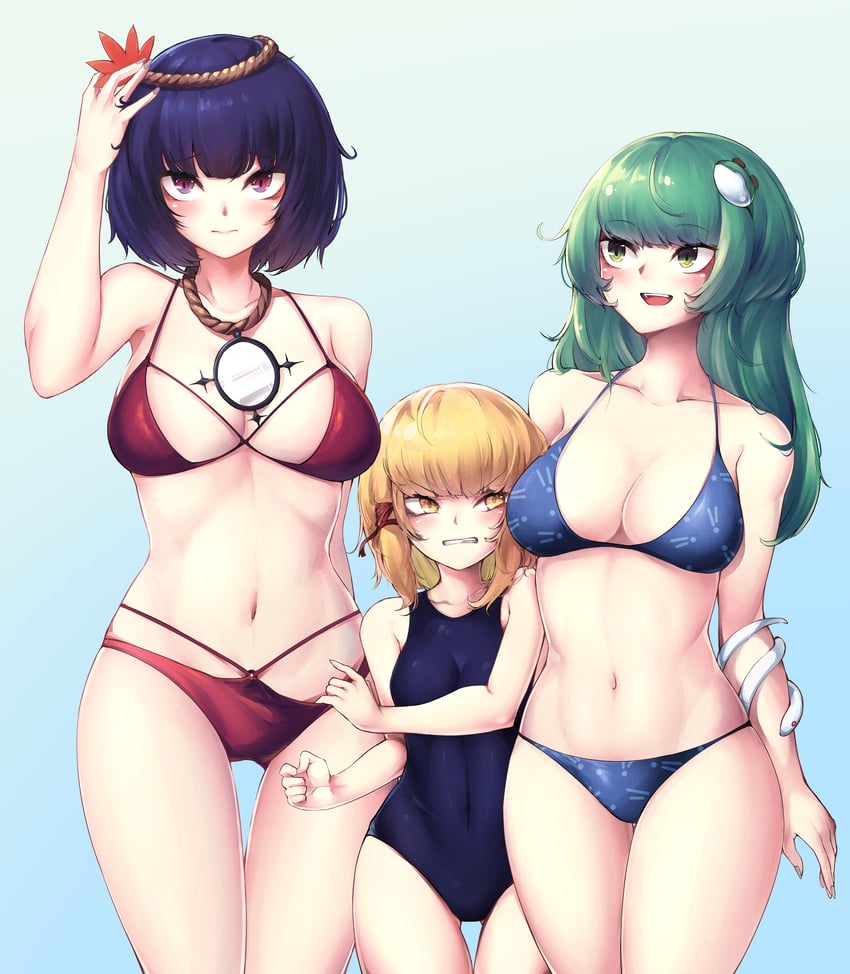 kochiya sanae, moriya suwako, and yasaka kanako (touhou) drawn by ammonite_(488091)