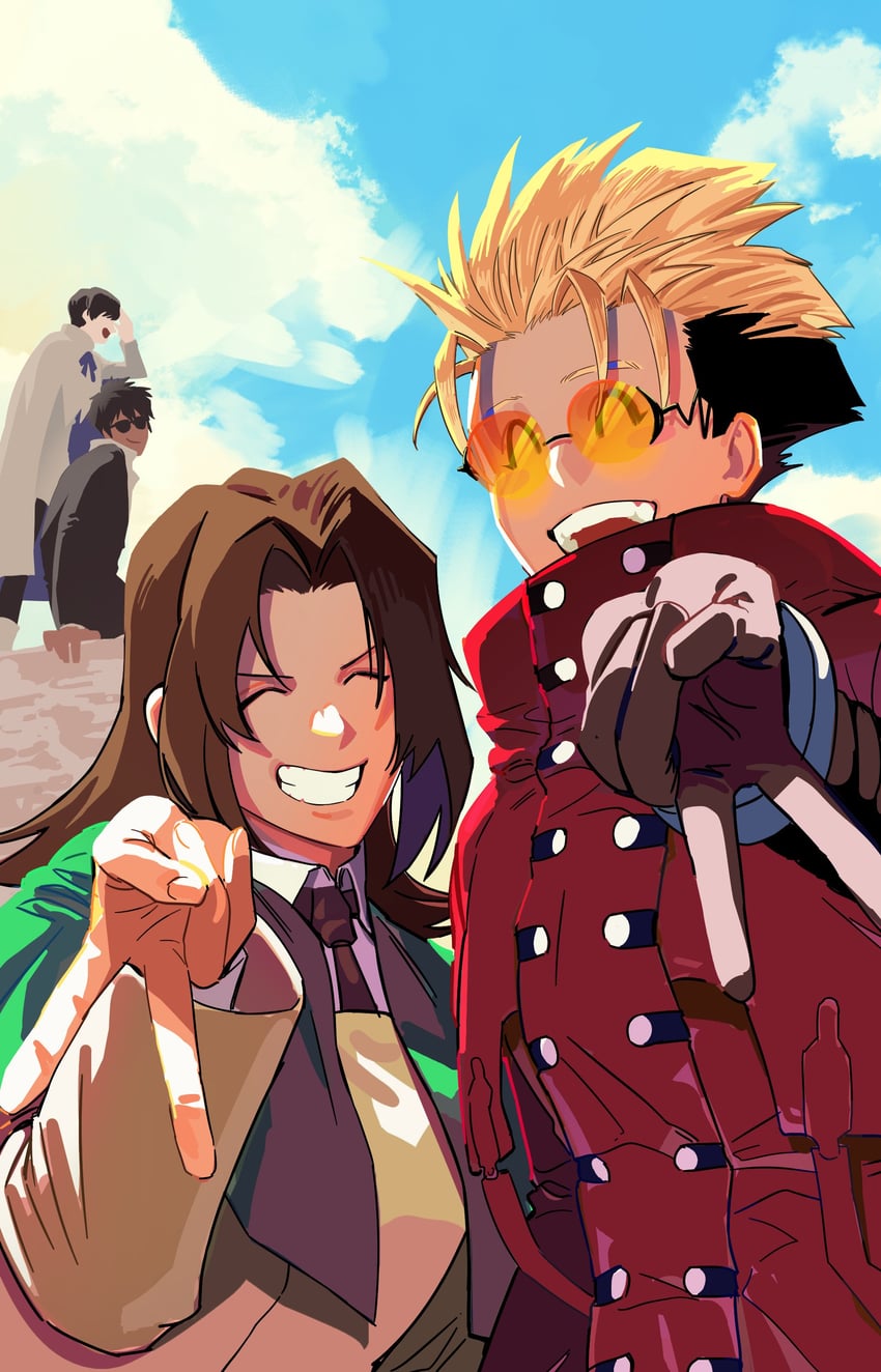 vash the stampede, nicholas d. wolfwood, meryl stryfe, and milly thompson (trigun) drawn by ro3or