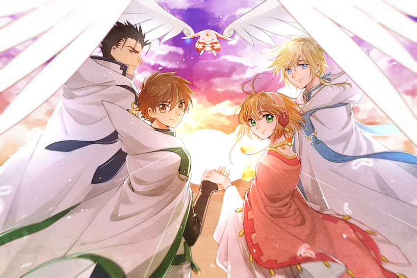mokona, sakura hime, xiaolang, fai d. flowright, and kurogane (tsubasa chronicle) drawn by hanakan