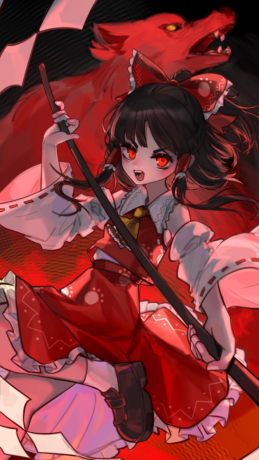 hakurei reimu and wolf spirit (touhou and 1 more) drawn by kourou_(kouroukun)