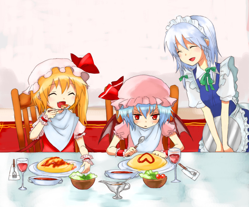 remilia scarlet, flandre scarlet, and izayoi sakuya (touhou) drawn by miya_(tsumazukanai)
