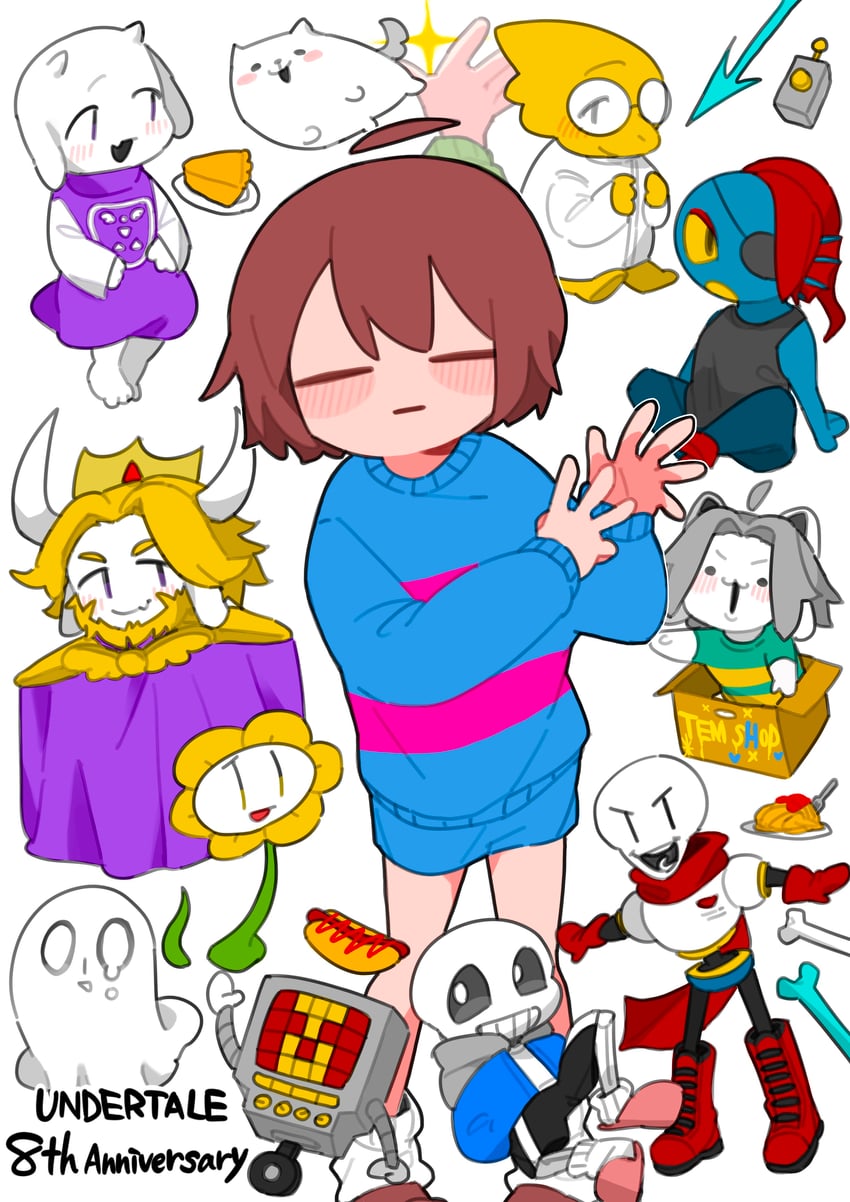 frisk, chara, sans, papyrus, undyne, and 7 more (undertale) drawn by tadeno