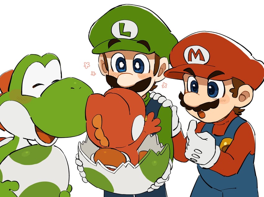 mario, luigi, yoshi, red yoshi, and baby yoshi (mario) drawn by mimimi_(mimimim9999)