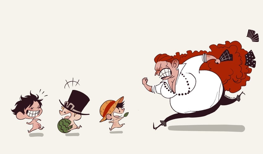 monkey d. luffy, portgas d. ace, sabo, and curly dadan (one piece) drawn by blink_mints