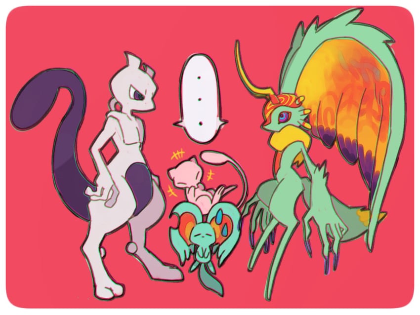 mew, mewtwo, elfilin, and fecto elfilis (pokemon and 2 more) drawn by kashiwa_(ksw04270mochi)