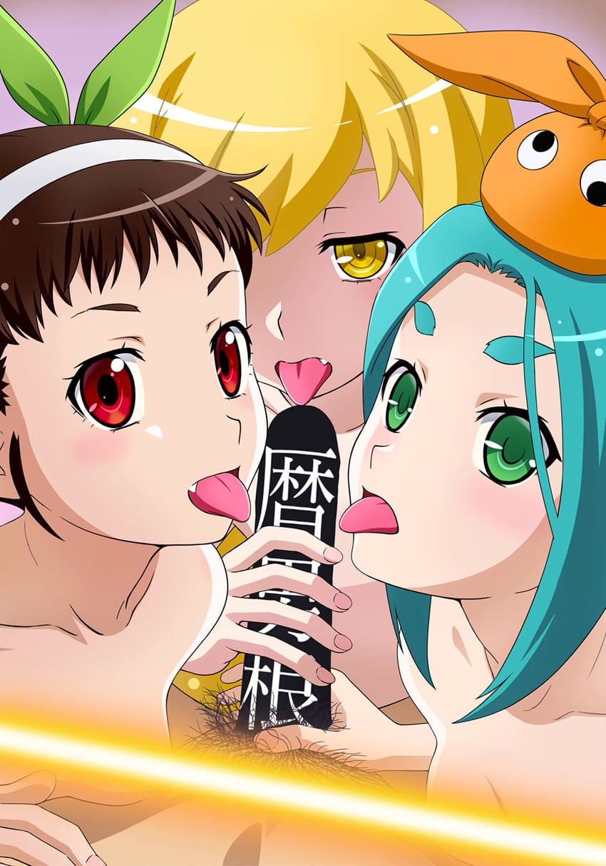oshino shinobu, hachikuji mayoi, and ononoki yotsugi (monogatari and 1 more) drawn by tooo