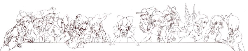 hakurei reimu, kirisame marisa, cirno, yakumo yukari, shameimaru aya, and 8 more (touhou and 1 more) drawn by shishigami_(sunagimo)