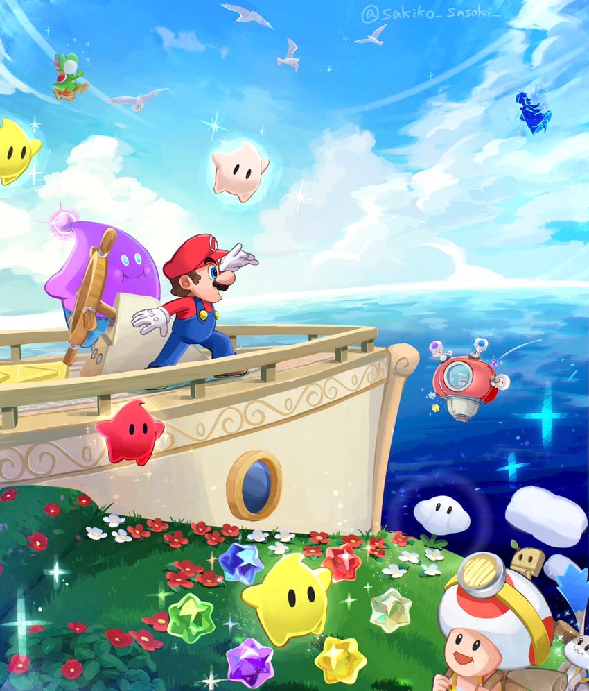 mario, luma, yoshi, blue toad, yellow toad, and 10 more (mario and 1 more) drawn by sasaki_sakiko