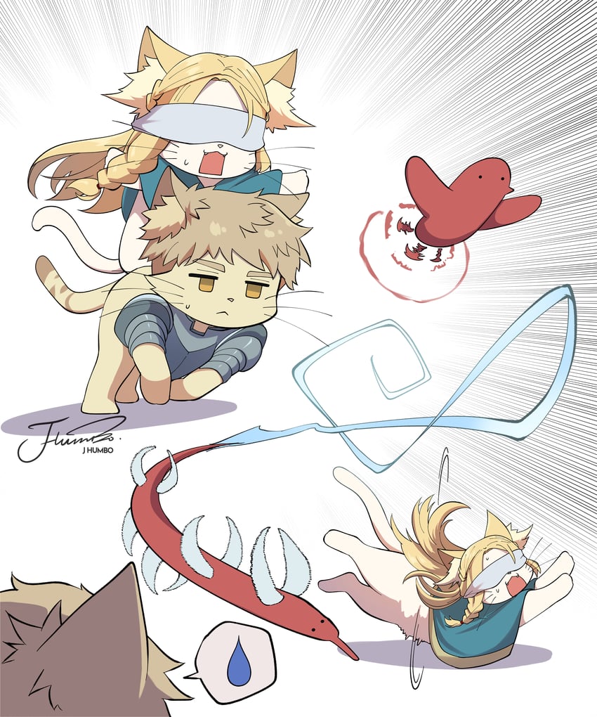 marcille donato, laios touden, and marcille's familiar (dungeon meshi) drawn by j_humbo