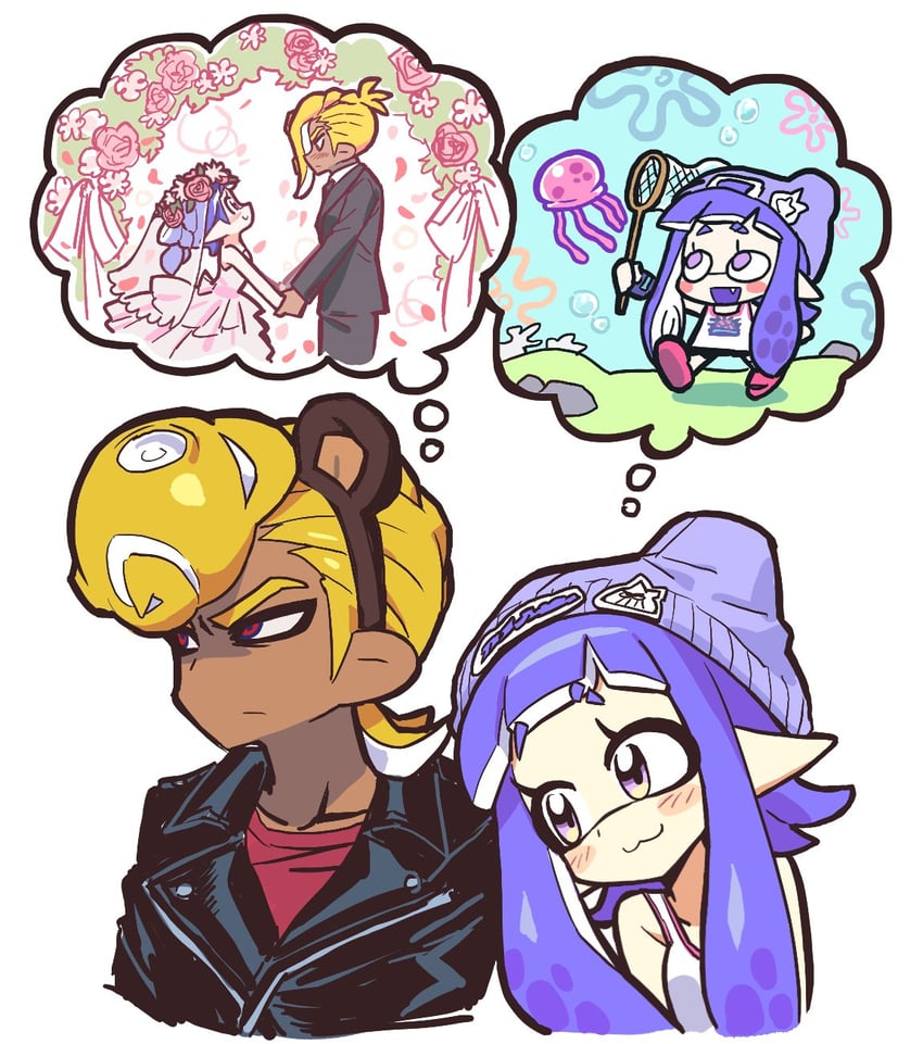 inkling player character, inkling girl, octoling player character, octoling boy, and jellyfish (splatoon and 1 more) drawn by splatkae