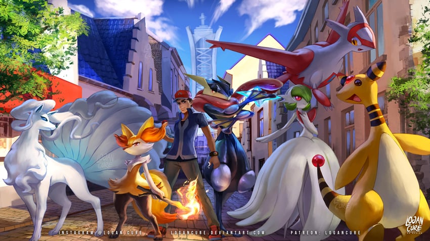 gardevoir, ash ketchum, mega gardevoir, braixen, latias, and 3 more (original and 2 more) drawn by logan_cure