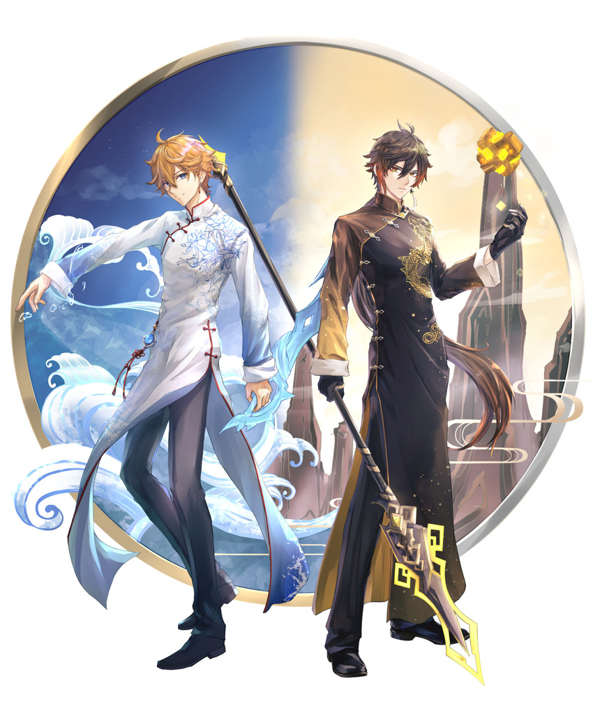 zhongli and tartaglia (genshin impact) drawn by fuyuni0307
