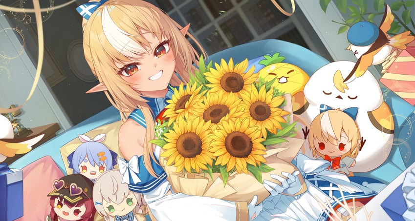 houshou marine, usada pekora, shiranui flare, and elfriend (hololive) drawn by tang-du