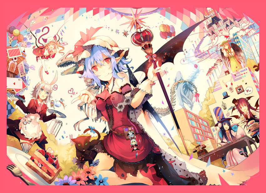 hakurei reimu, remilia scarlet, flandre scarlet, izayoi sakuya, patchouli knowledge, and 2 more (touhou) drawn by kirero