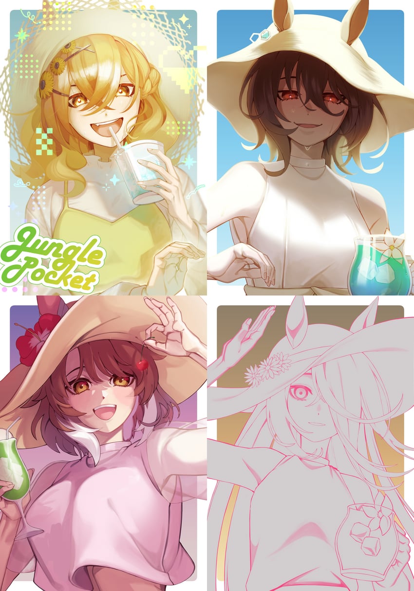 agnes tachyon, manhattan cafe, jungle pocket, and dantsu flame (umamusume) drawn by mujintou_png
