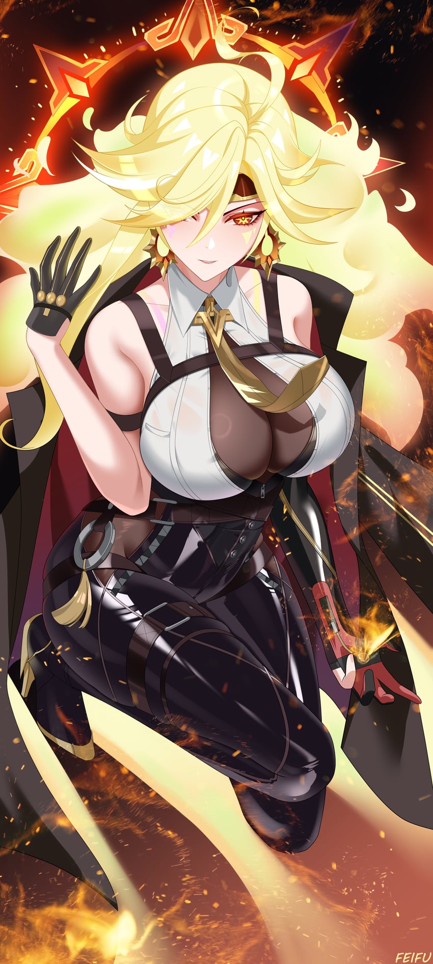 evelyn chevalier and mavuika (genshin impact and 2 more) drawn by feifu