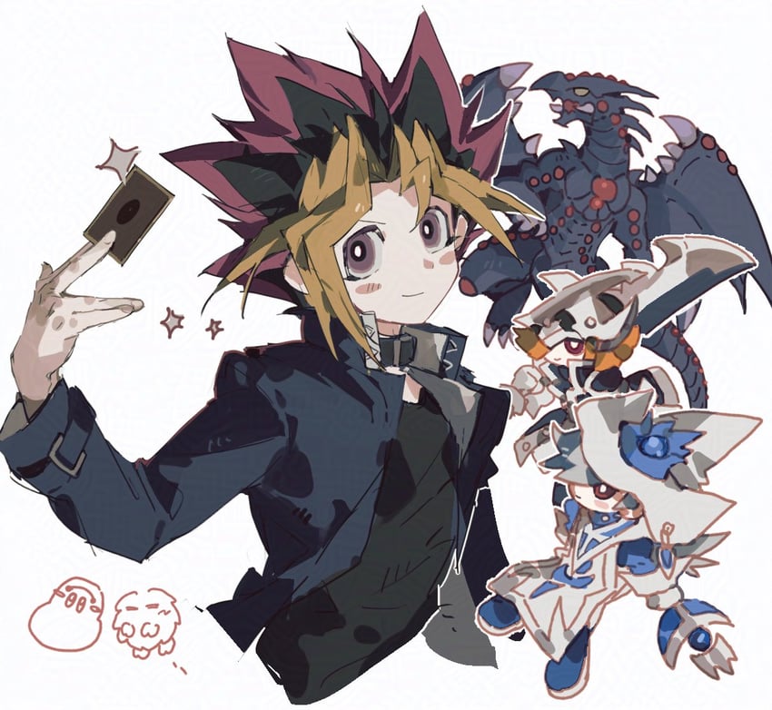 muto yugi, silent magician, kuriboh, silent swordsman, marshmallon, and 3 more (yu-gi-oh!) drawn by nrkse0n
