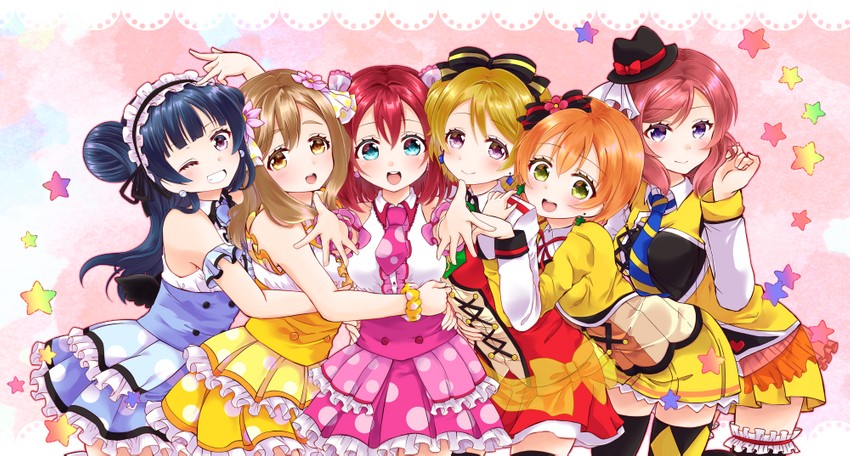 nishikino maki, hoshizora rin, tsushima yoshiko, koizumi hanayo, kunikida hanamaru, and 1 more (love live! and 3 more) drawn by mikimo_nezumi