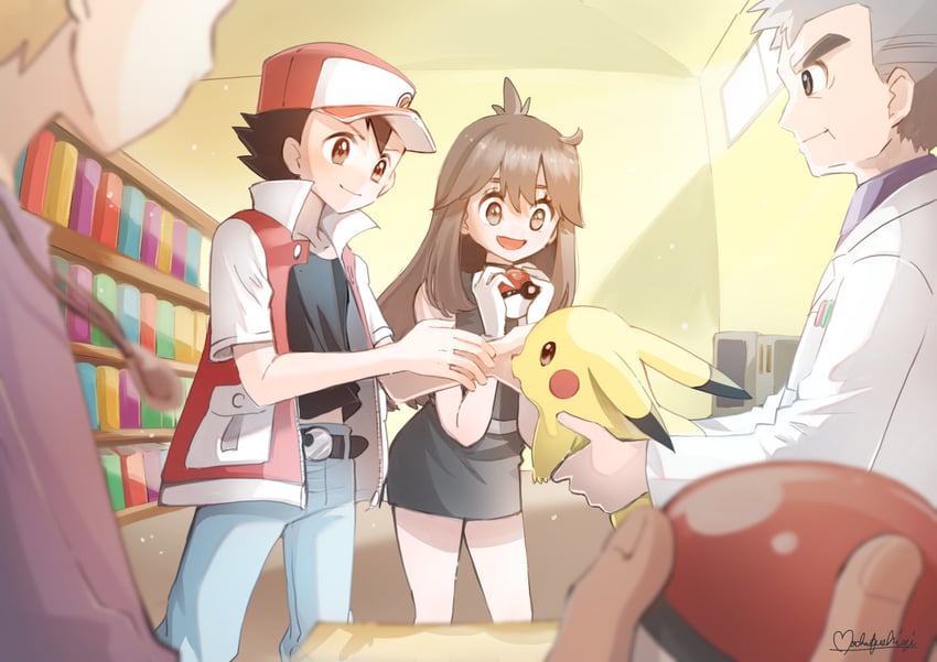 pikachu, red, blue oak, green, and professor oak (pokemon and 1 more) drawn by mocha_fushigi