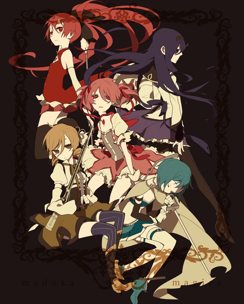 akemi homura, kaname madoka, miki sayaka, sakura kyoko, and tomoe mami (mahou shoujo madoka magica) drawn by mochizuki_kei