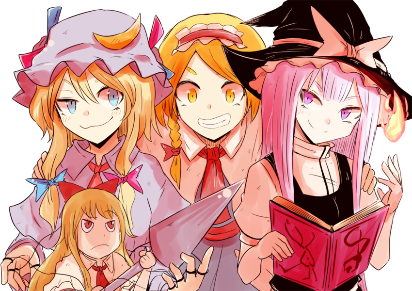 kirisame marisa, alice margatroid, patchouli knowledge, and shanghai doll (touhou) drawn by necro_(nekurodayo)