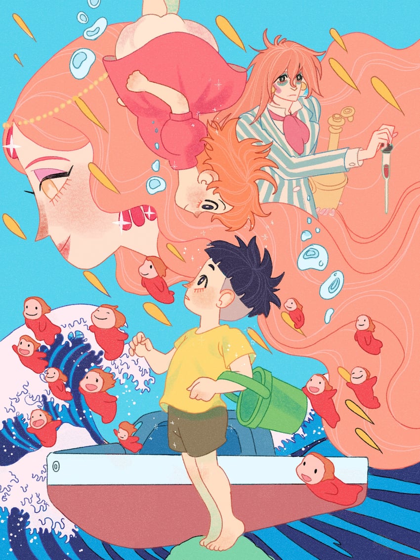 ponyo, sousuke, fujimoto, ponyo sisters, and granmamare (studio ghibli and 1 more) drawn by sue_kim