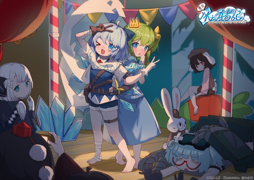 konpaku youmu, cirno, shameimaru aya, kawashiro nitori, inaba tewi, and 1 more (touhou and 1 more) drawn by hxj_(2324184595)
