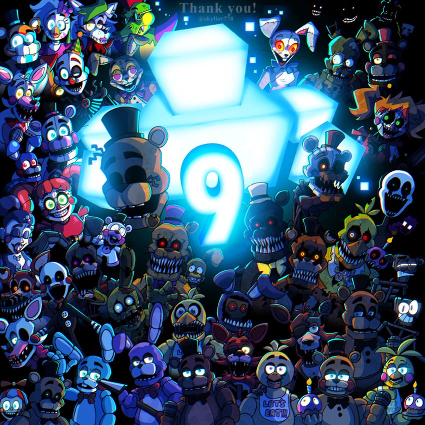 freddy fazbear, chica, glamrock freddy, foxy, bonnie, and 40 more (five nights at freddy's and 8 more) drawn by skylior778