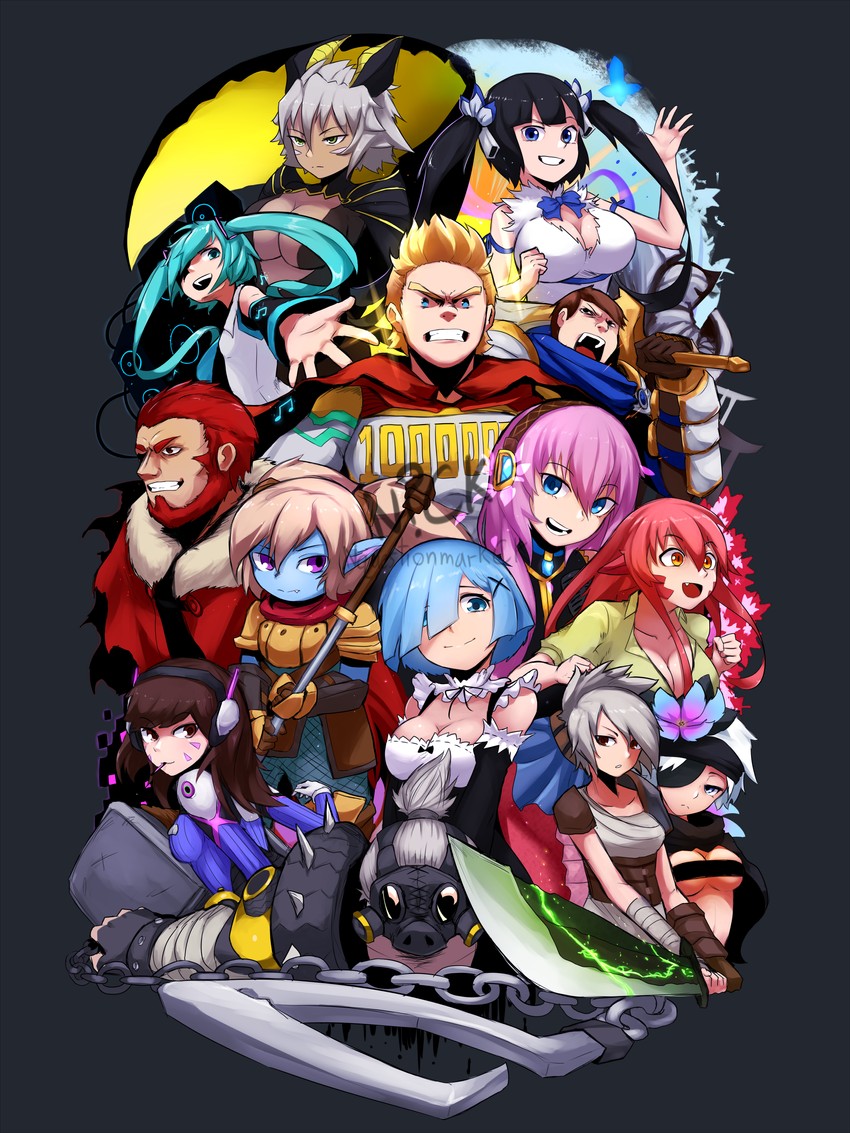 hatsune miku, megurine luka, rem, d.va, hestia, and 9 more (fate and 11 more) drawn by nyxkz