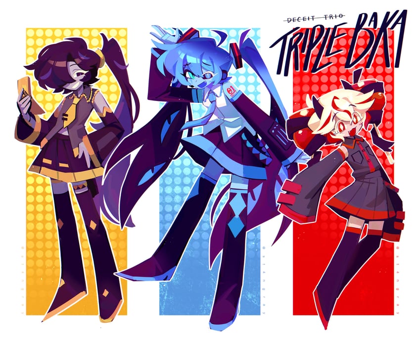 hatsune miku, kasane teto, akita neru, shadow milk cookie, candy apple cookie, and 1 more (vocaloid and 4 more) drawn by st4ngray