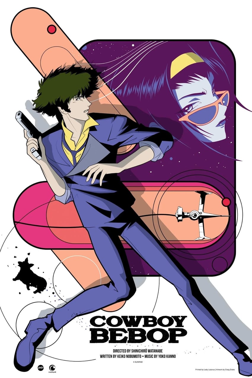 faye valentine, spike spiegel, ein, and swordfish ii (cowboy bebop) drawn by craig_drake