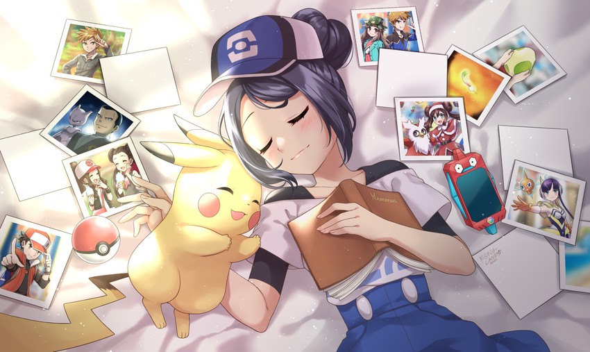 pikachu, hilda, red, rotom, blue oak, and 10 more (pokemon and 5 more) drawn by mono_land
