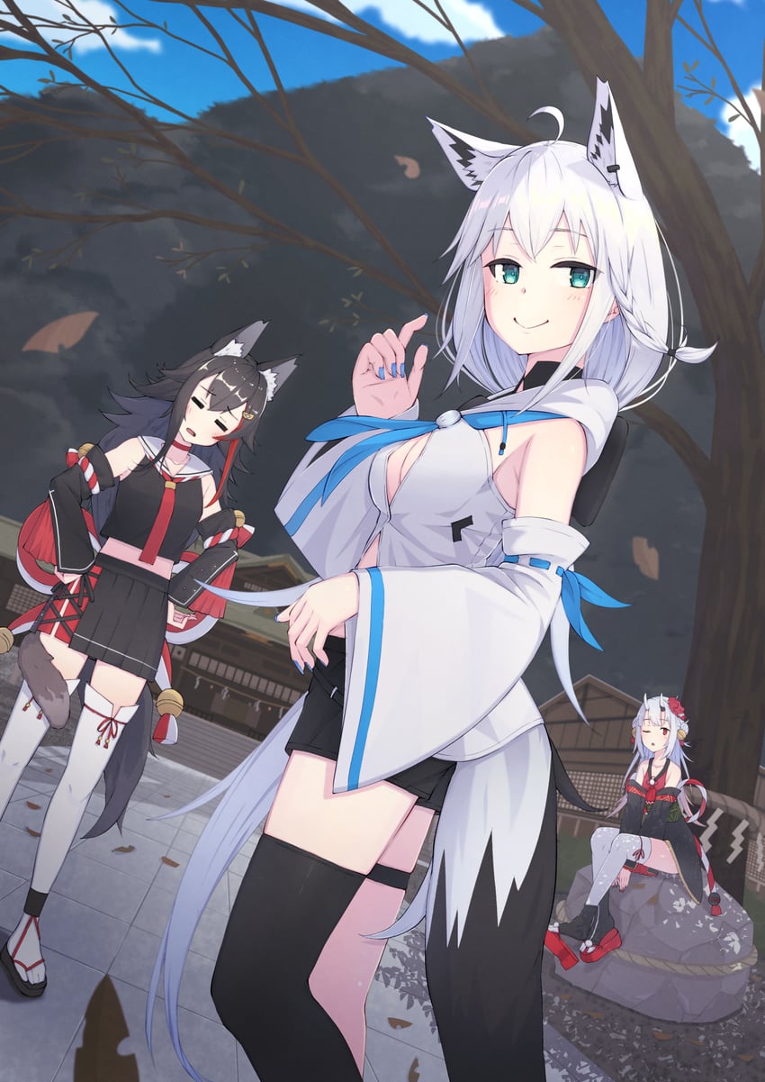 shirakami fubuki, ookami mio, and nakiri ayame (hololive) drawn by nemurimangetsu