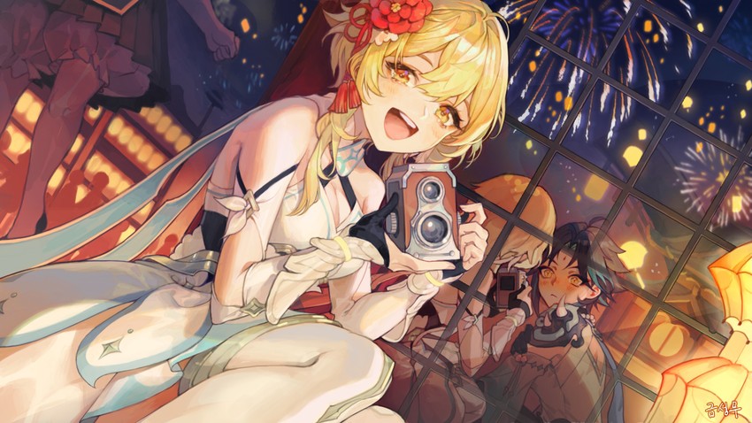 lumine and xiao (genshin impact) drawn by saber_beam