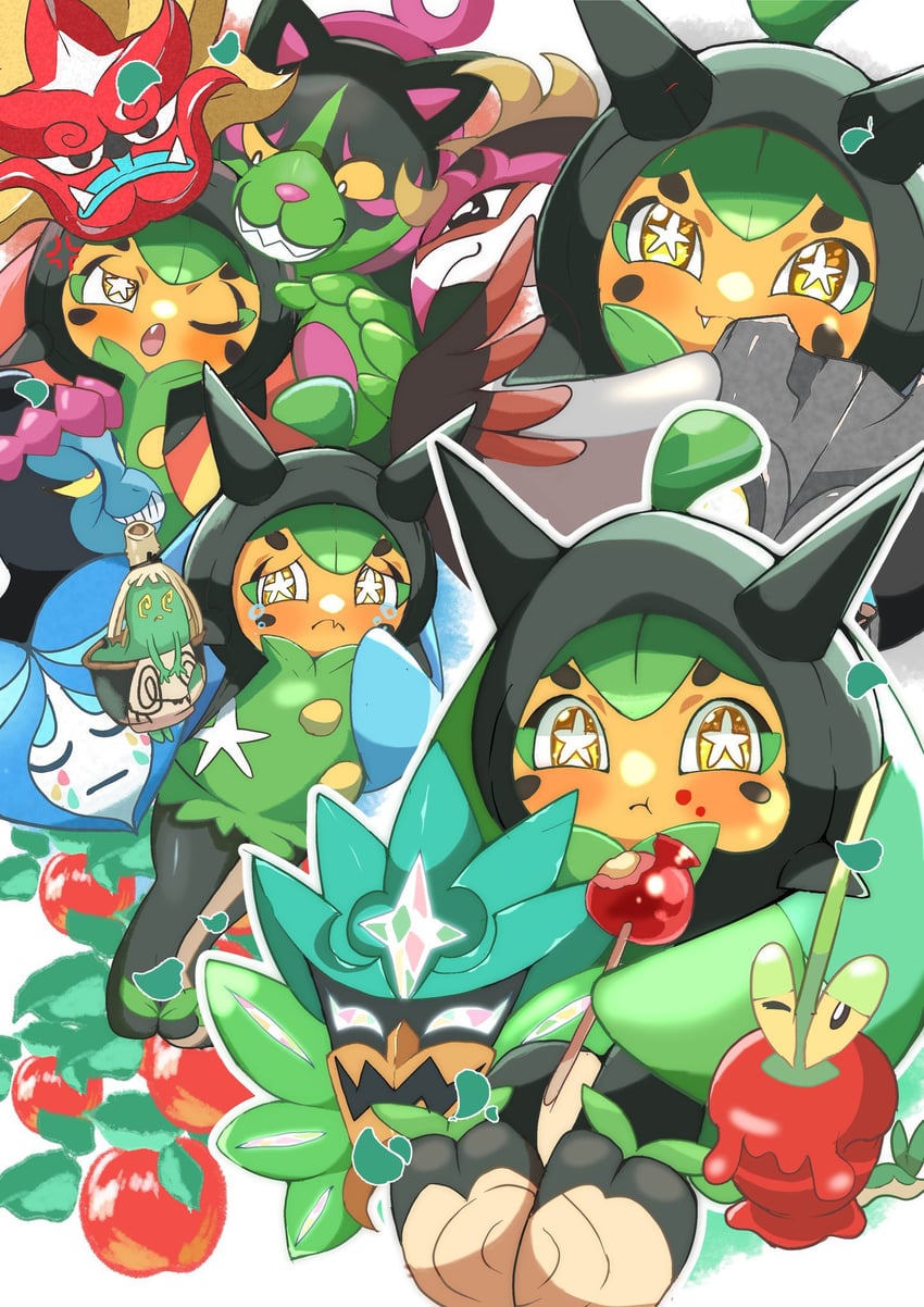 ogerpon, dipplin, sinistcha, okidogi, fezandipiti, and 1 more (pokemon) drawn by carrot_summer