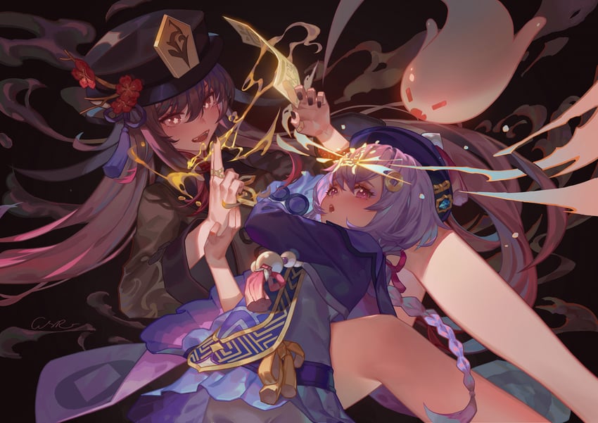 hu tao, boo tao, and qiqi (genshin impact) drawn by rui_(gsr1982)