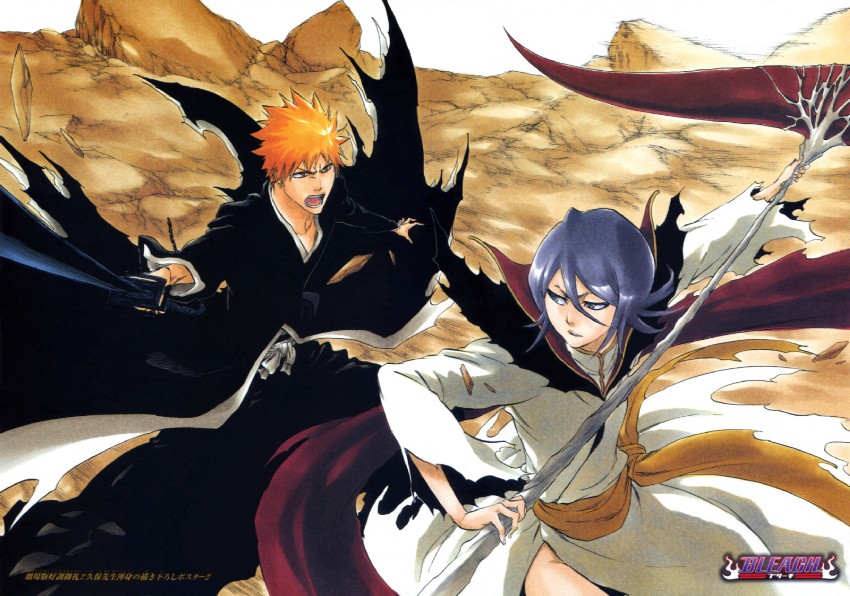 kuchiki rukia, kurosaki ichigo, and dark rukia (bleach) drawn by kubo_tite