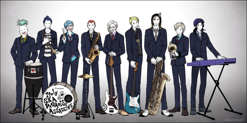 prosciutto, risotto nero, melone, ghiaccio, illuso, and 5 more (jojo no kimyou na bouken and 1 more) drawn by yokozawa_(pyu-tohuku)
