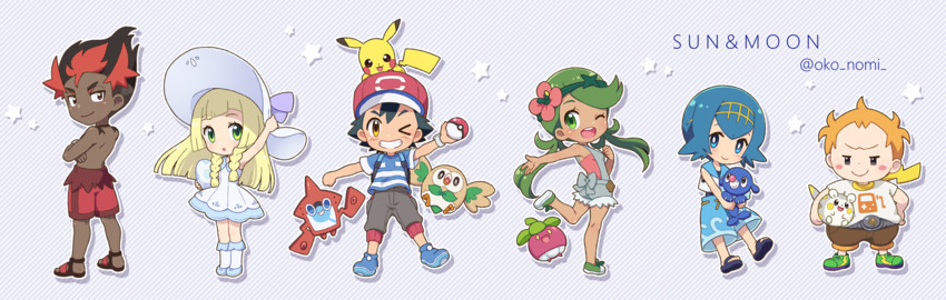 pikachu, lillie, ash ketchum, rotom, rowlet, and 8 more (pokemon and 1 more) drawn by okonomi