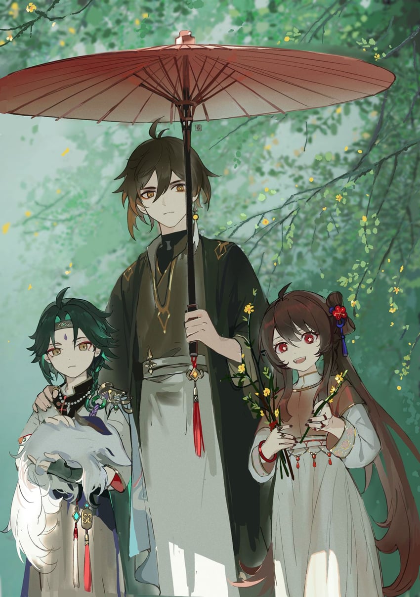 hu tao, zhongli, and xiao (genshin impact) drawn by huashengmi