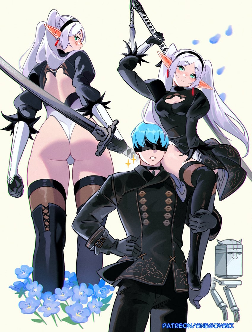 2b, frieren, 9s, and himmel (sousou no frieren and 2 more) drawn by snegovski