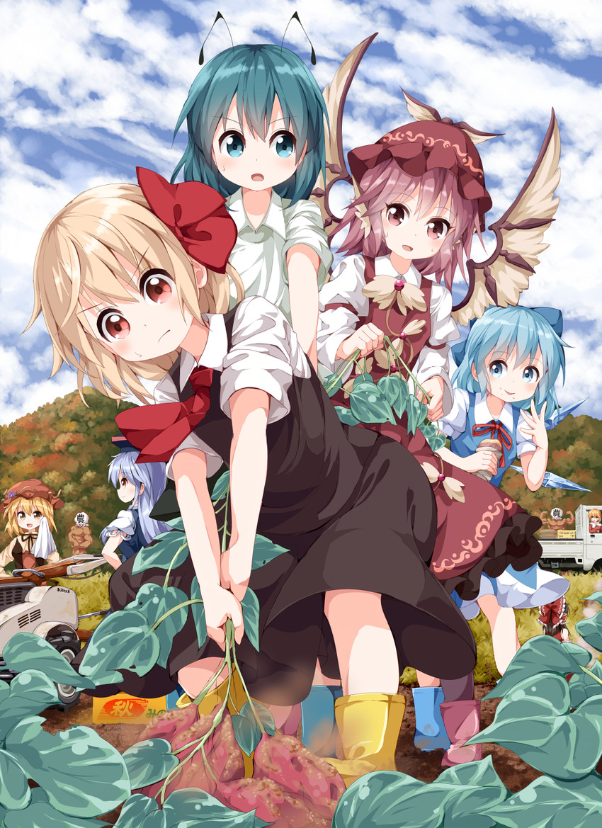 hakurei reimu, cirno, rumia, kamishirasawa keine, mystia lorelei, and 4 more (touhou) drawn by ruu_(tksymkw)