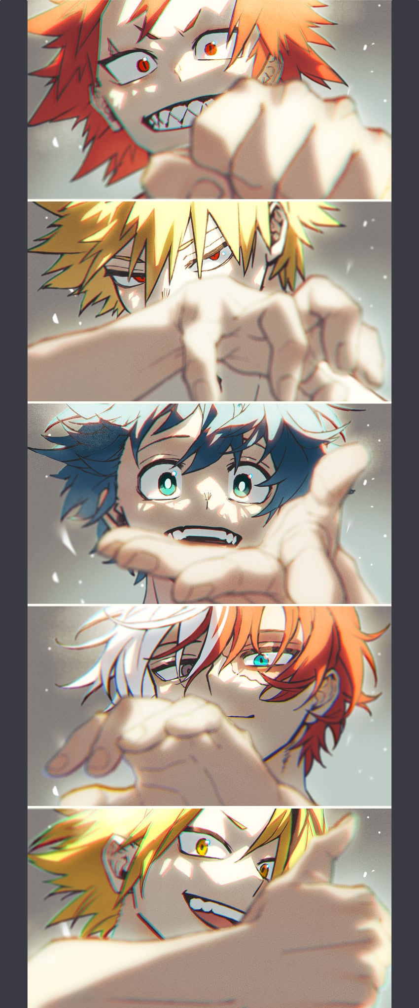midoriya izuku, bakugou katsuki, todoroki shoto, kirishima eijiro, and kaminari denki (boku no hero academia) drawn by kawaharaaisu