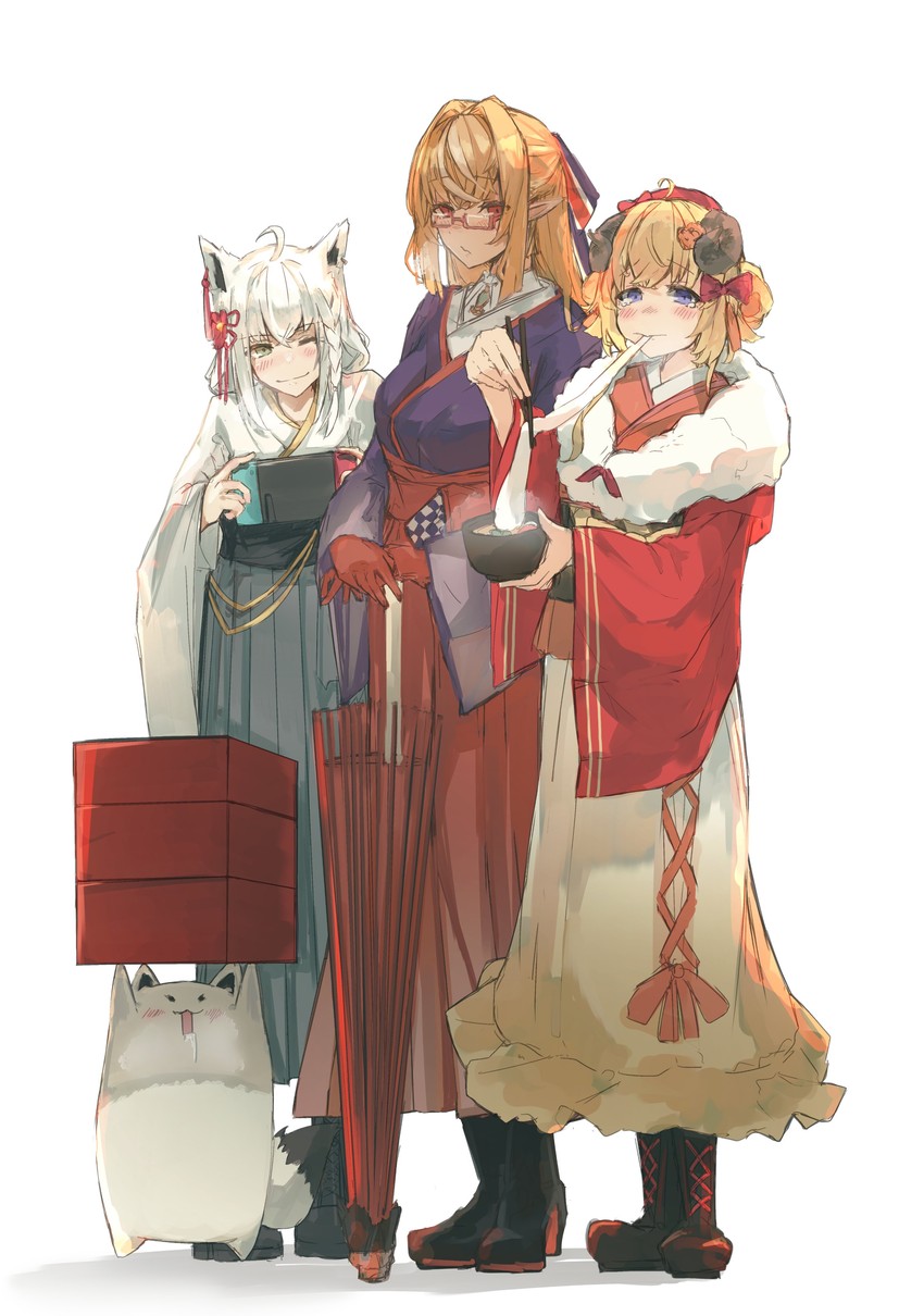 shirakami fubuki, shiranui flare, tsunomaki watame, and fubuzilla (hololive) drawn by tsumeki