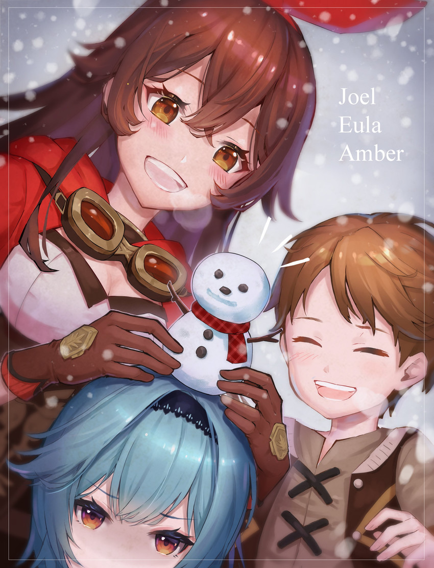 eula, amber, and joel (genshin impact) drawn by nyansan_oekaki