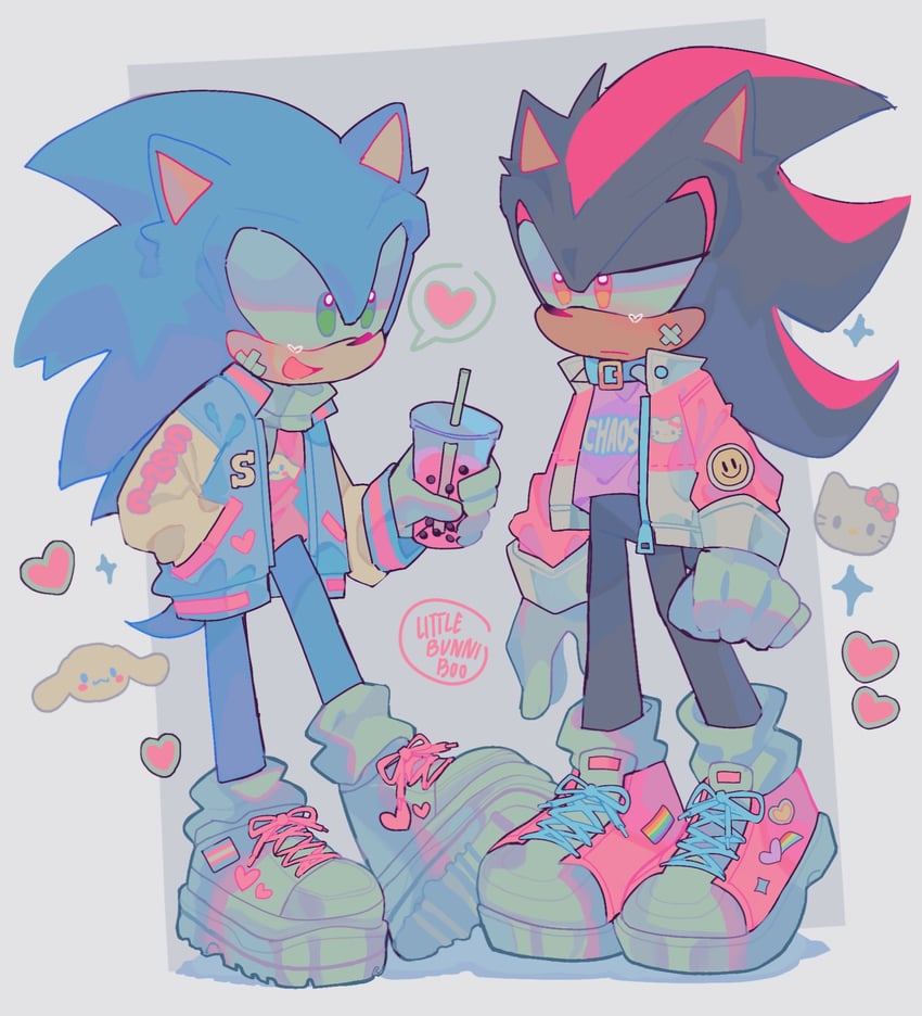 sonic the hedgehog, shadow the hedgehog, cinnamoroll, and hello kitty (sonic and 3 more) drawn by littlebunniboo