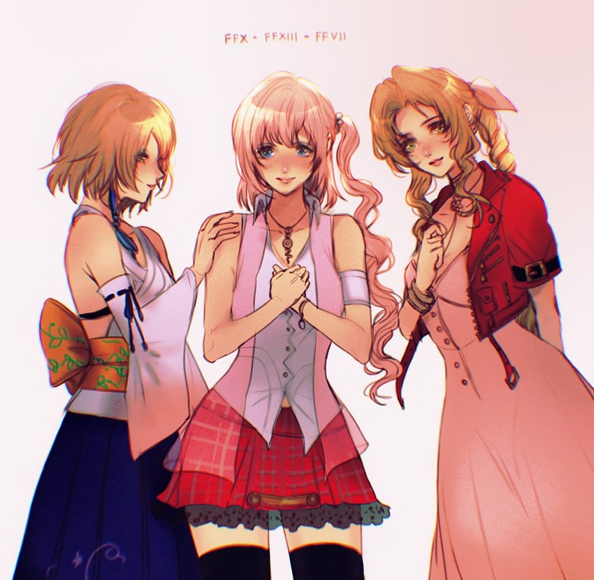 aerith gainsborough, yuna, and serah farron (final fantasy and 4 more) drawn by sera_(serappi)