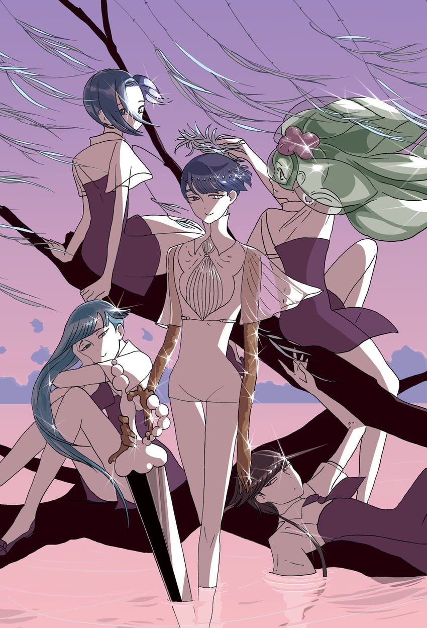 phosphophyllite, benitoite, neptunite, watermelon tourmaline, and hemimorphite (houseki no kuni) drawn by ichikawa_haruko